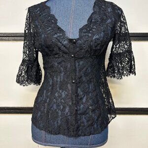 Ann Taylor LOFT Vintage Look Black Lace Button Top, Size 2